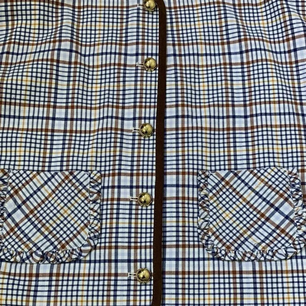Janie and Jack Plaid Cape Jacket Blue Brown 100% Cotton Ruffle Pocket Girls 7-8